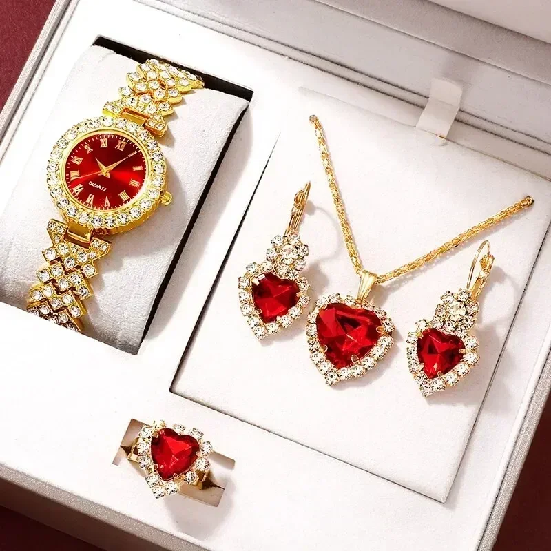 Jewelry Clasp Watches - ชุดเครื่องประดับนาฬิกาข้อมือแฟชั่นหรูหราประดับเพชรพลอย พร้อมแหวน สร้อยคอ ต่างหู สำหรับผู้หญิง