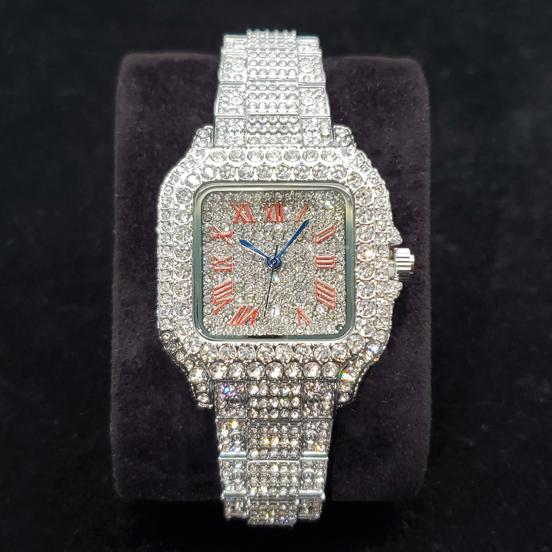Jewelry Clasp Watches - นาฬิกาเพชรหรูหราสำหรับผู้หญิง แฟชั่นสีเงิน ประดับเพชรเต็มหน้าปัด ทรงสี่เหลี่ยม คุณภาพสูง นาฬิกาข้อมือสำหรับงานปาร์ตี้
