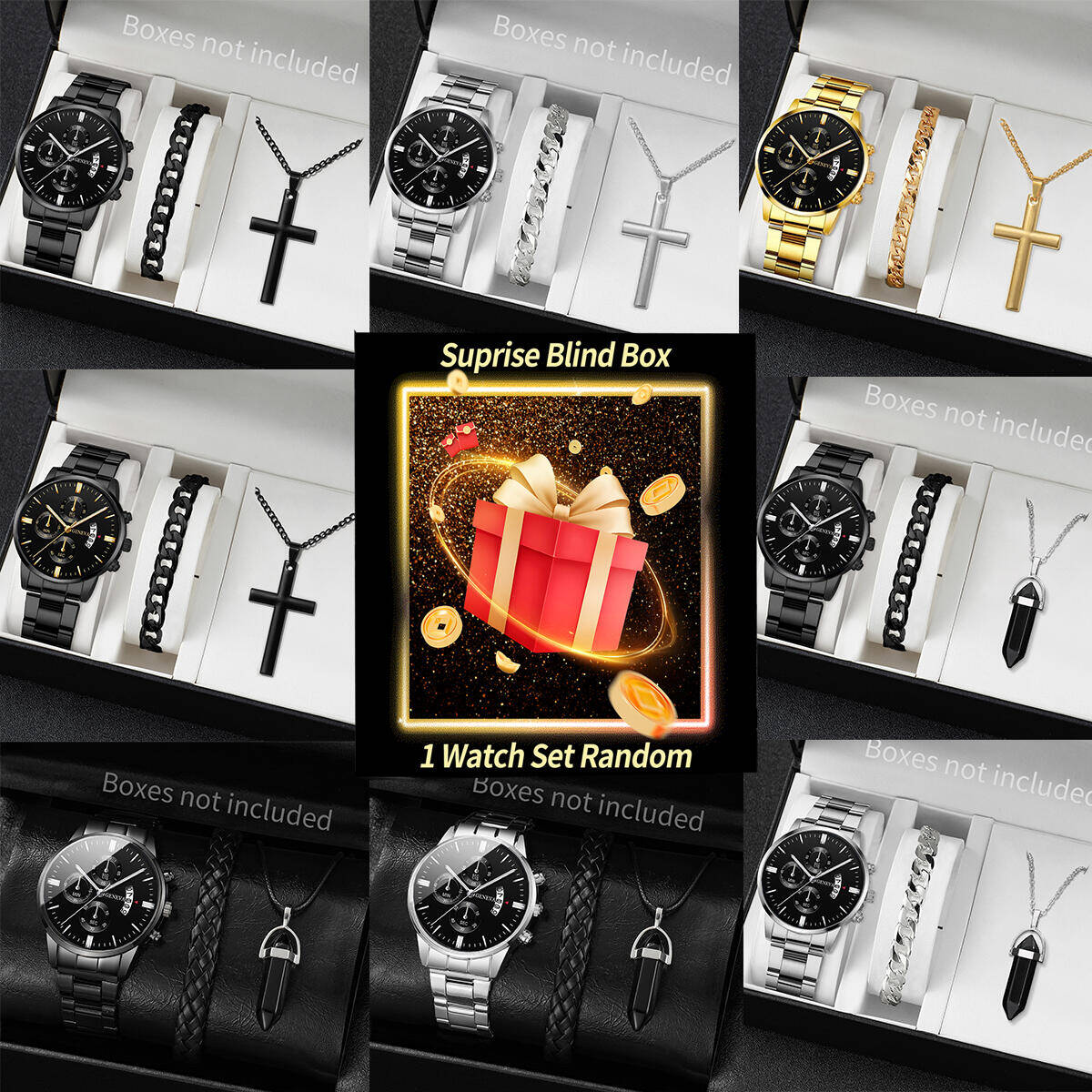 Jewellery Watches - นาฬิกาข้อมือเซอร์ไพรส์แบบสุ่ม-ชุด 3 ชิ้น/ชุด นาฬิกาควอตซ์แฟชั่นผู้ชายพร้อมปฏิทิน ชุดเครื่องประดับ Reloj