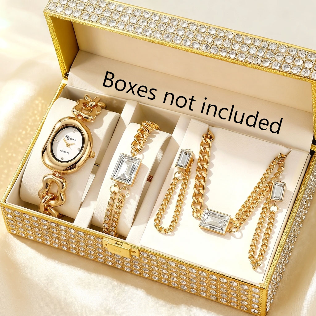 Jewelry Clasp Watches - ชุดนาฬิกาควอตซ์แฟชั่นผู้หญิง 5 ชิ้น พร้อมสร้อยข้อมือโซ่ประดับเพชรเทียม ดีไซน์หรูหรา (ไม่มีกล่อง)